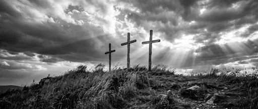 Three Wooden Crosses on Stormy Ridge