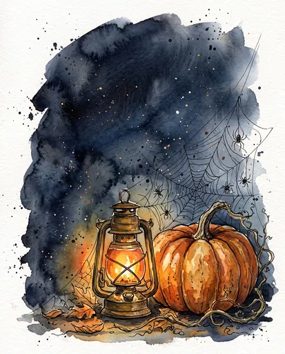 Watercolor Pumpkin Lantern and Spiderweb Illustration
