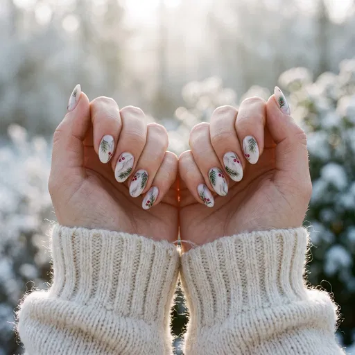 Hands Showing Winter Botanical Nail Art