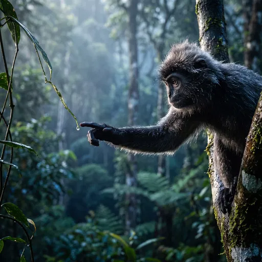 Monkey Reaching For Raindrop In Misty Forest