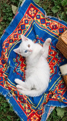 White Odd-Eyed Kitten on Colorful Blanket