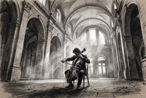 Charcoal Drawing of Solo Cellist in Hall