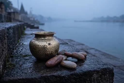 Brass Vessel and Pebbles by Misty River