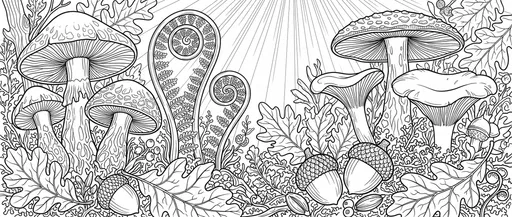 Woodland Mushrooms and Acorns Coloring Page