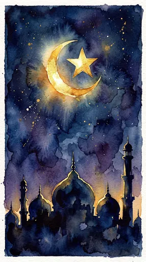 Watercolor Gold Crescent and Mosque Silhouette