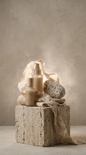 Neutral Spa Bottles on Travertine Block