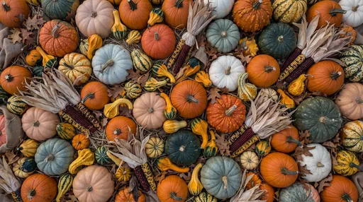 Overhead Autumn Harvest Pumpkins and Gourds Background