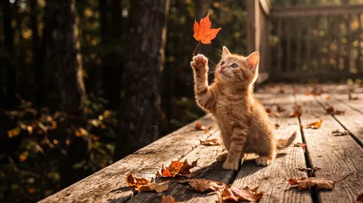 Ginger Kitten Batting Falling Autumn Leaf