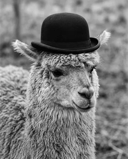 Monochrome Llama Wearing Bowler Hat