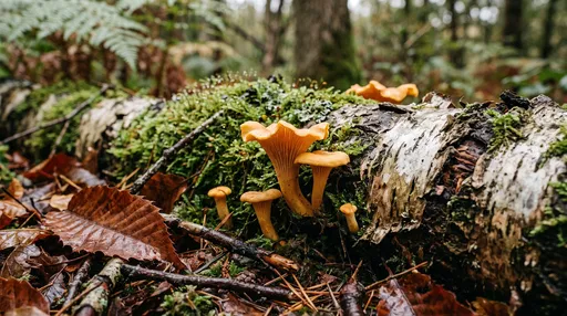 Golden Chanterelle Mushrooms on Mossy Log