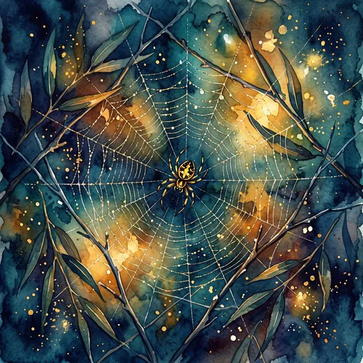 Watercolor Golden Spider on Glowing Web