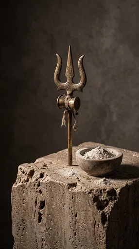 Brass Trishula and Ash on Travertine Plinth