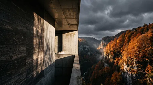 Minimalist Concrete Pavilion Overlooking Autumn Gorge