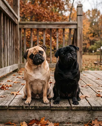 Two Pugs Sitting on Autumn Porch