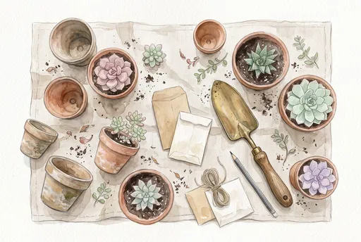 Watercolor Flat Lay of Potted Succulents