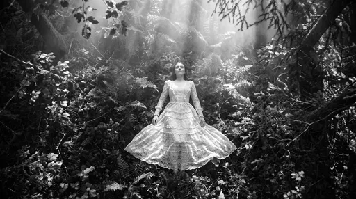 Woman in Lace Dress Among Ferns