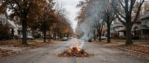 Burning Autumn Leaves on Suburban Street
