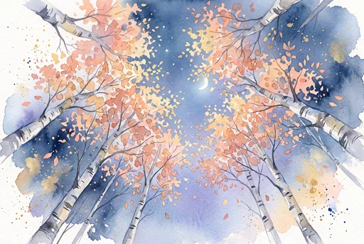 Watercolor Autumn Birch Canopy at Twilight