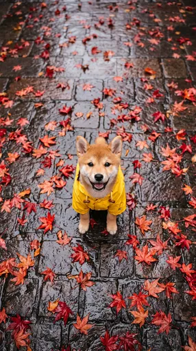 Shiba Inu Puppy in Yellow Raincoat