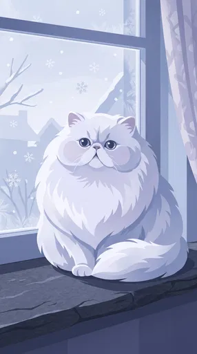 Fluffy White Persian Cat on Winter Windowsill