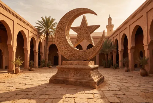 Carved Sandstone Crescent Monument in Courtyard