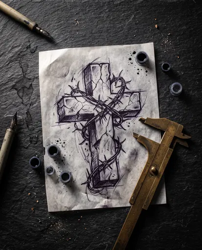 Tattoo Sketch of Barbed Wire Cross