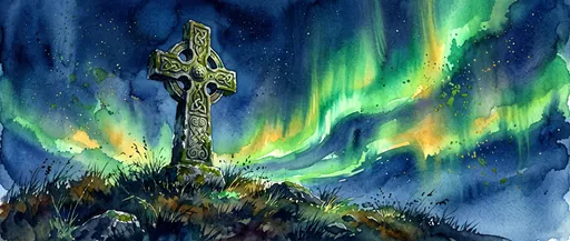 Watercolor Celtic Cross Under Green Aurora