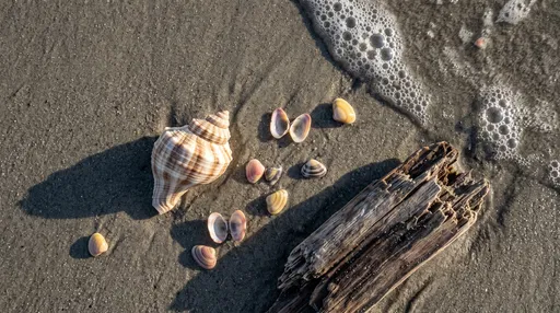Seashells and Driftwood on Wet Sand