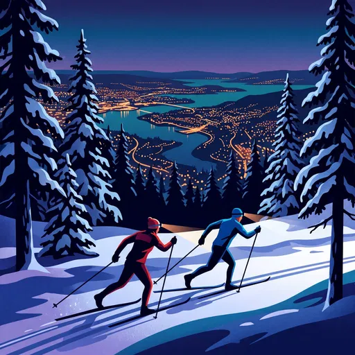 Cross-Country Skiers Overlooking Fjord City Lights