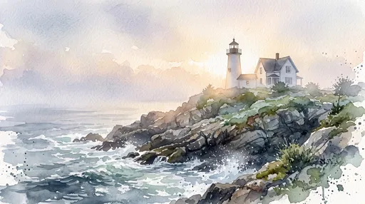 Watercolor Illustration of Coastal Lighthouse at Sunrise