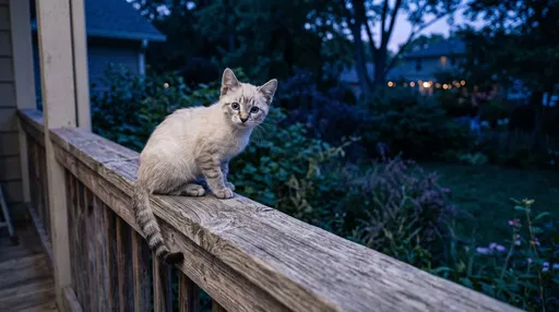 Kitten on Porch Railing at Dusk