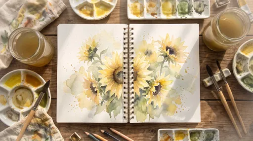 Watercolor Sunflower Sketchbook Flat Lay