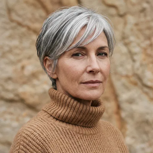 Mature Woman With Silver Pixie Cut