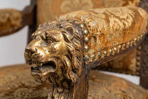 Antique Golden Lion Armrest Close-Up