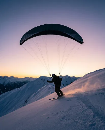 Speed-Wing Pilot Skiing at Sunset