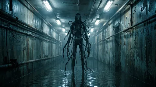 Shadowy Tendril Monster in Flooded Corridor