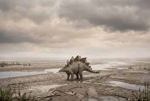 Stegosaurus Walking Across Prehistoric Mudflat