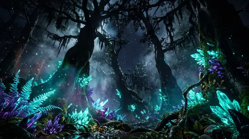 Glowing Bioluminescent Crystal Forest at Night