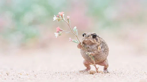 Tiny Desert Rain Frog Holding Flower