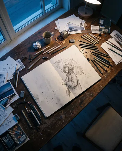 Artist Workspace With Anime Sketchbook Drawing