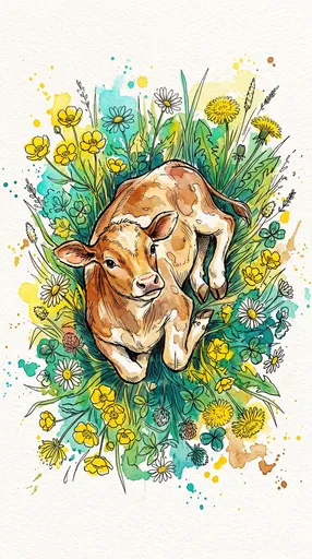 Watercolor Calf Lying in Summer Wildflowers