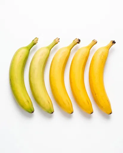 Row of Five Ripening Yellow Bananas
