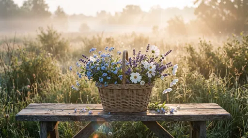 Woven Basket of Wildflowers in Misty Meadow