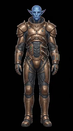 Blue Alien in Ornate Bronze Space Suit