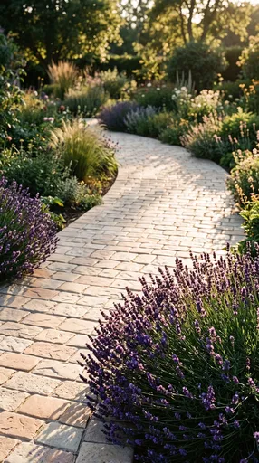Sunlit Cobblestone Garden Path with Lavender