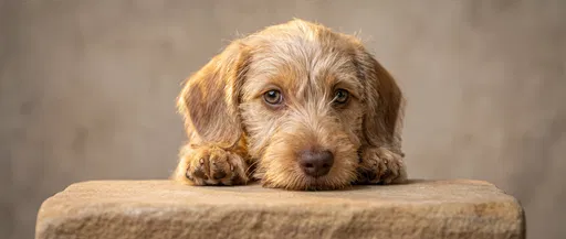 Wirehaired Dachshund Puppy on Sandstone Block