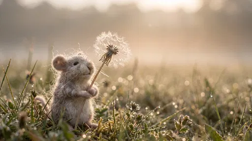 Felted Wool Mouse Holding Dandelion at Dawn