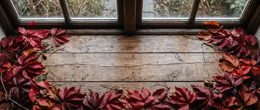 Rustic Wooden Windowsill With Red Autumn Leaves