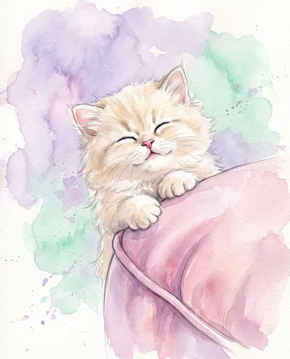 Watercolor Illustration of Smiling Cream Kitten