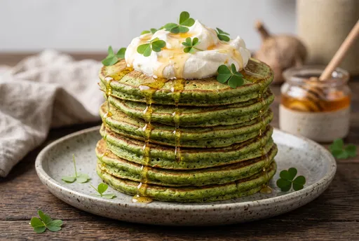 Green Matcha Pancakes With Cream and Honey